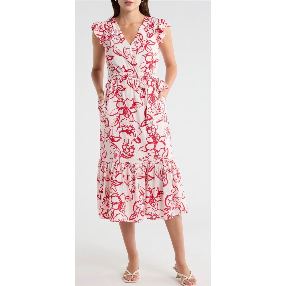 Sam‎ Edelman Petal Sketch V-Neck Maxi Dress Red White Floral Ruffle Size 10 NEW